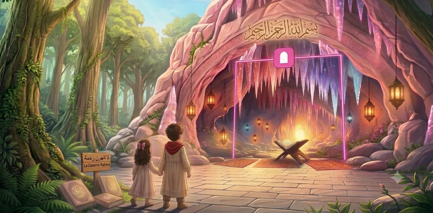 Deux enfants découvrent l’entrée de La Caverne raHma