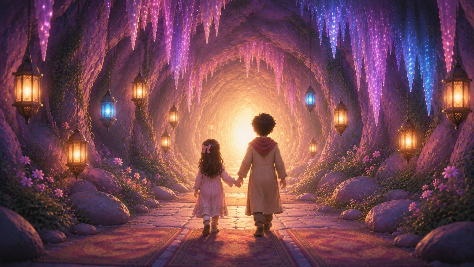 Deux enfants avançant ensemble dans une grotte lumineuse et fleurie.